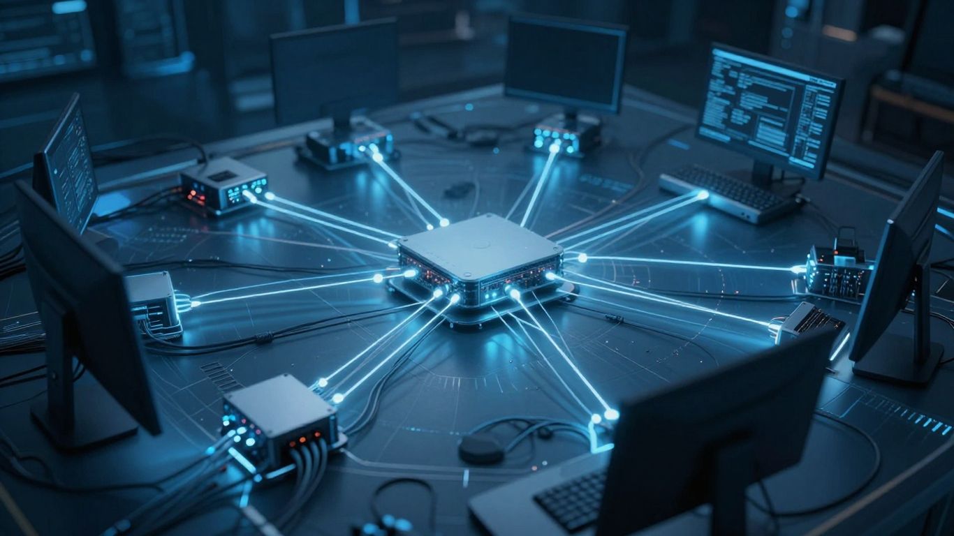 Redes informáticas interconectadas con luces de datos.