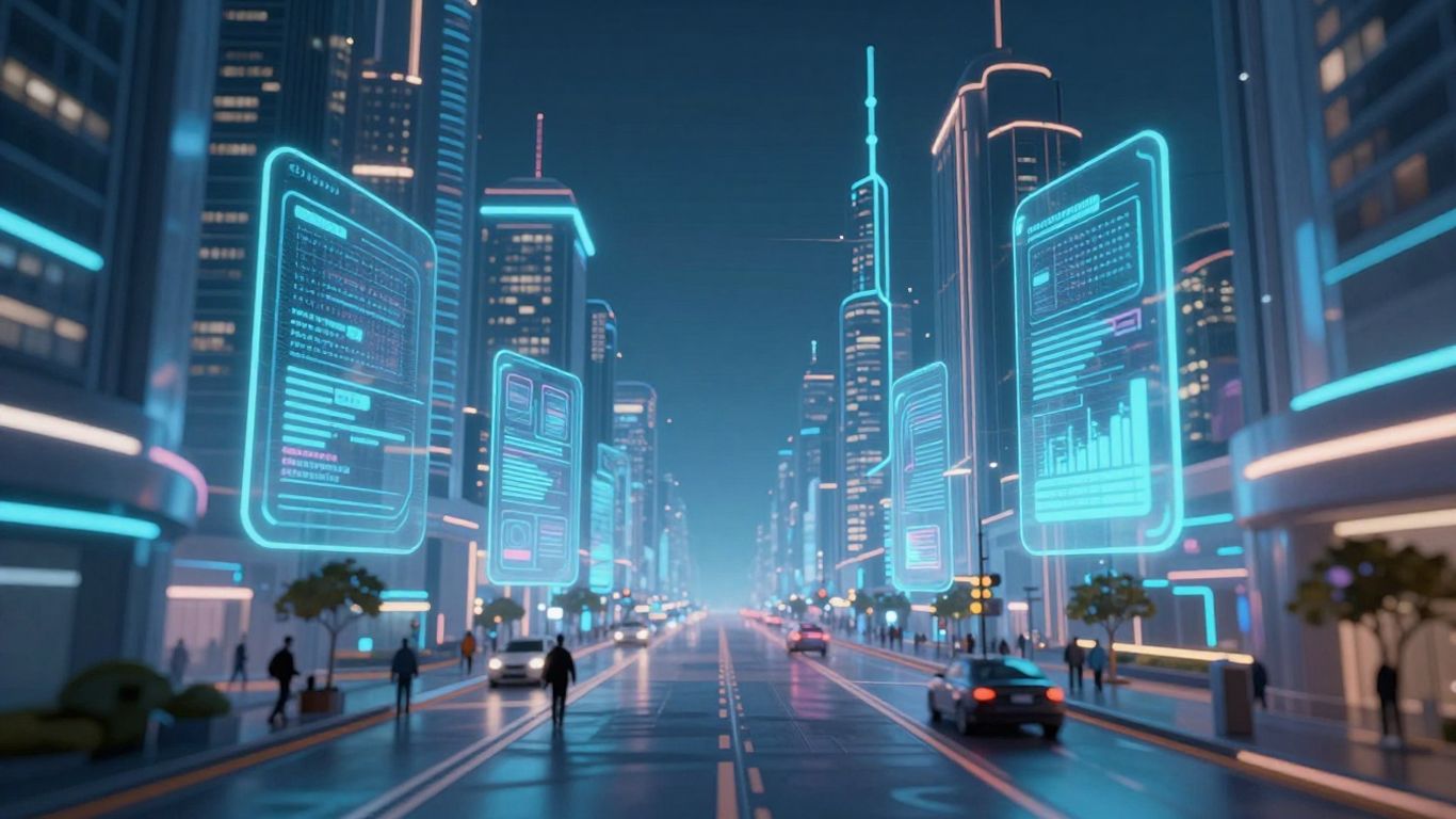 Futuristic cityscape with glowing digital overlays and abstract tech shapes.