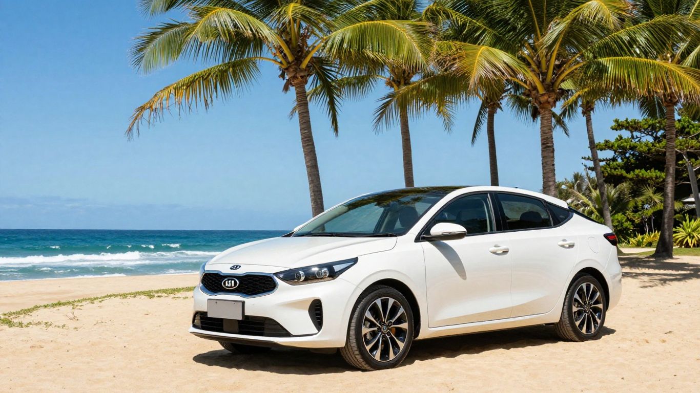 Shiny Kia car on a sunny Gold Coast beach.