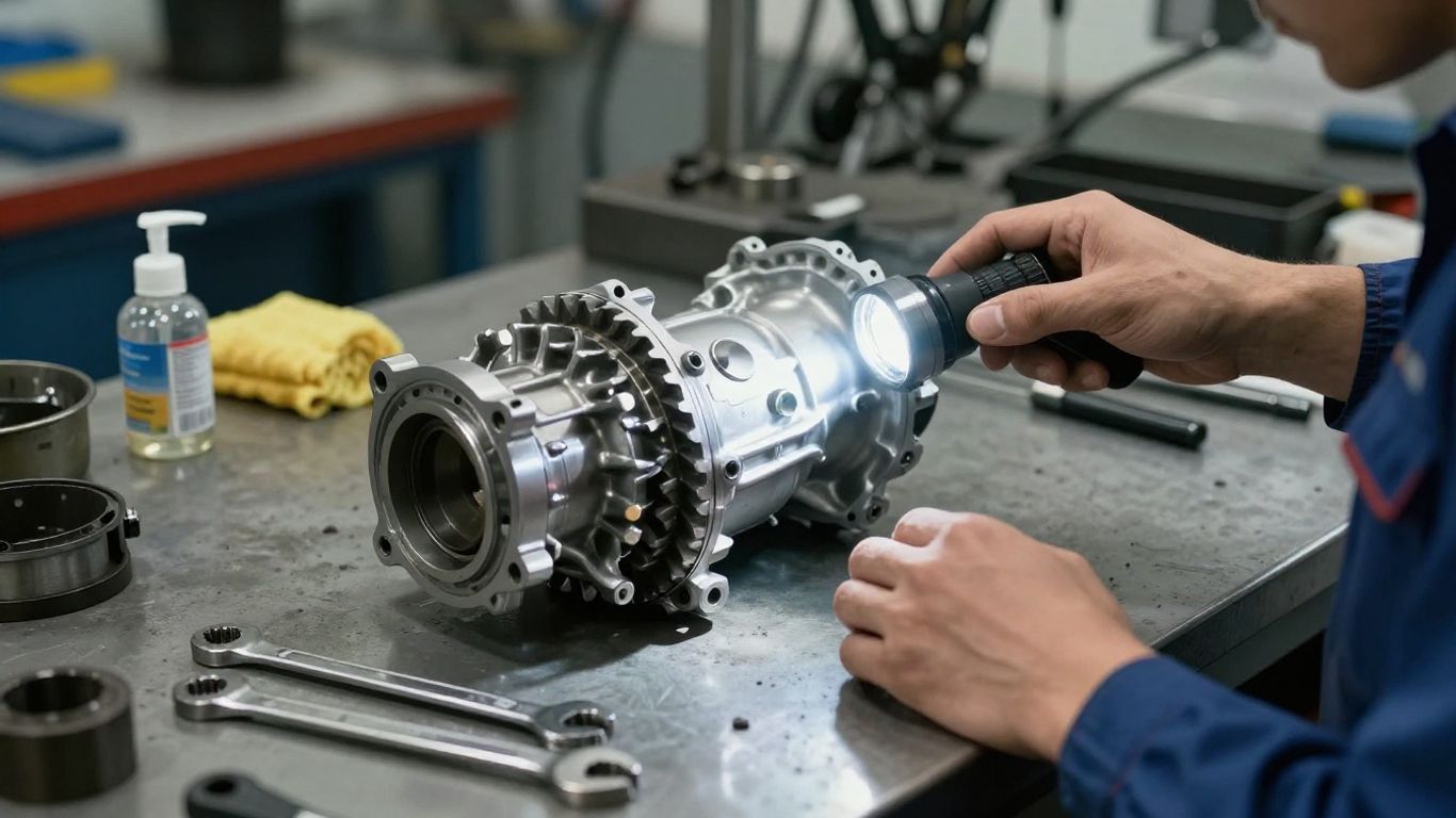Mechanic testing a used Toyota transmission assembly