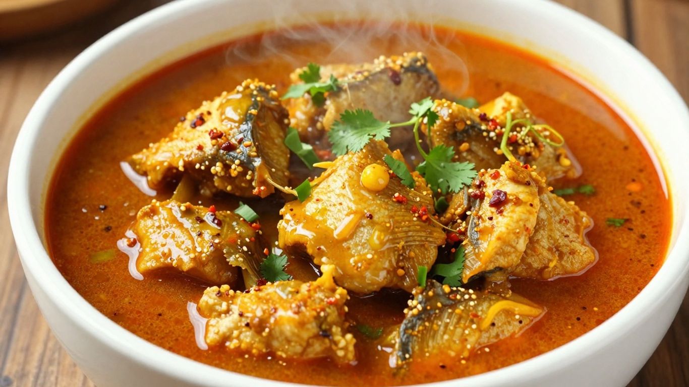 Steaming bowl of flavorful fish curry with cilantro garnish.