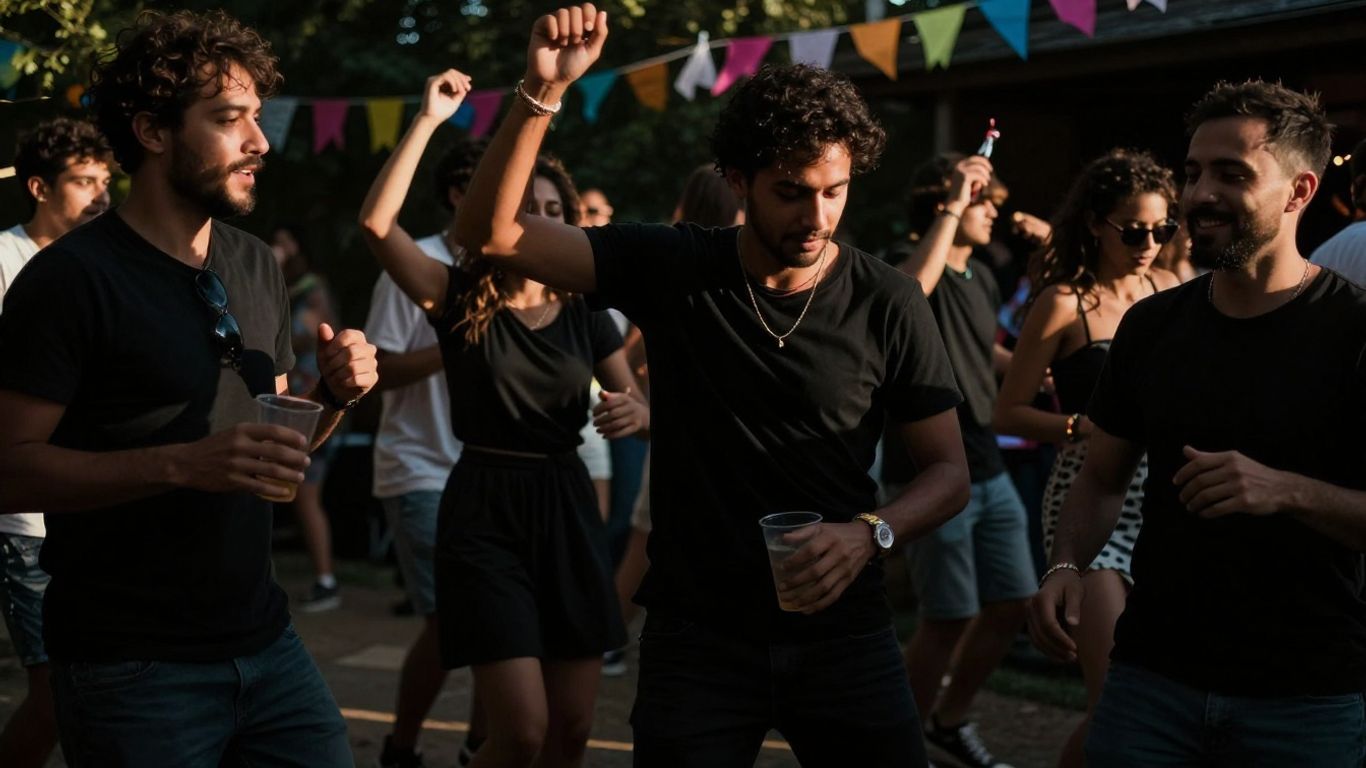 Mensen dansen vrolijk op een zomers feestje.