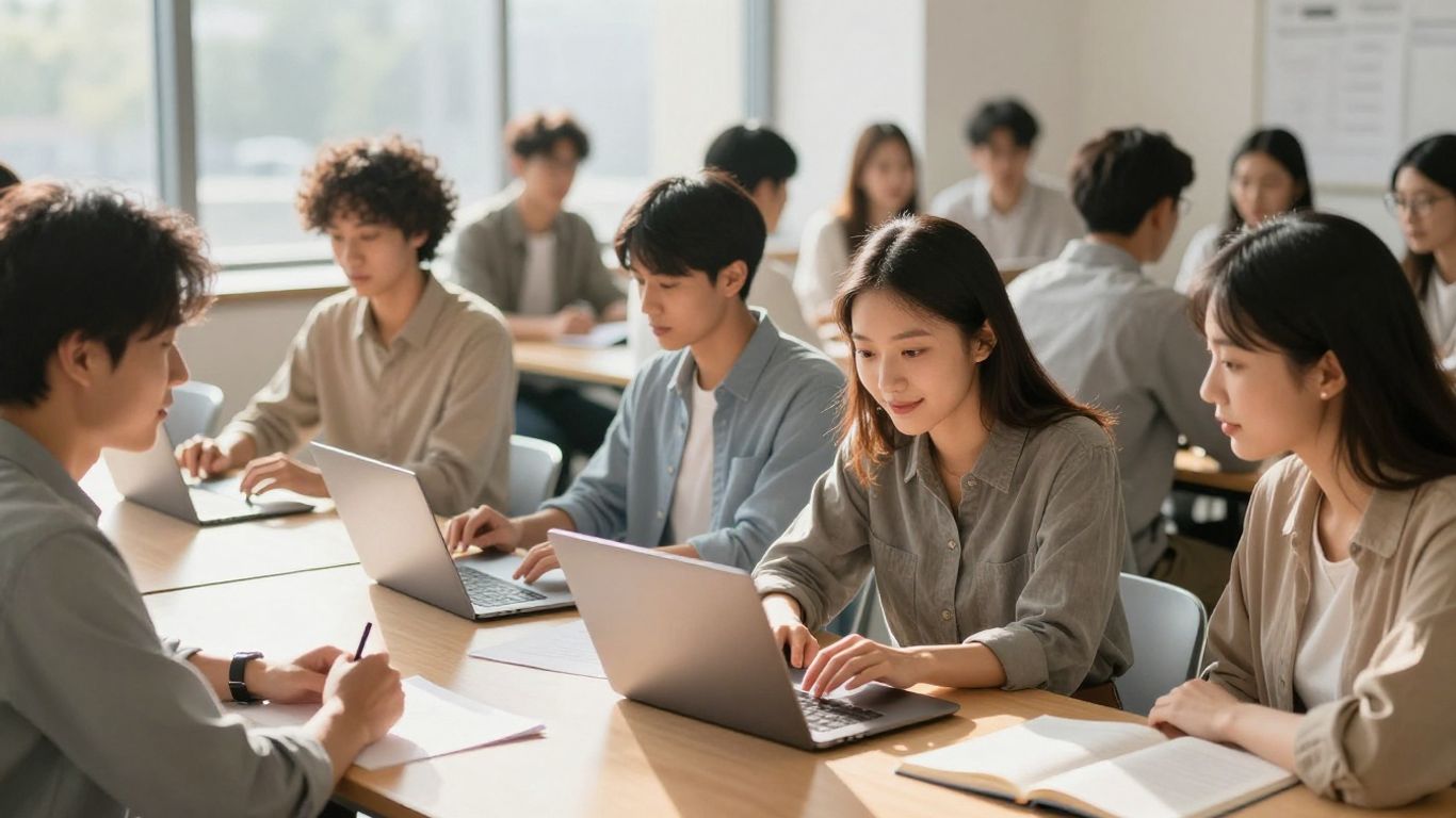Profesionales estudiando en un ambiente de aprendizaje luminoso y moderno.