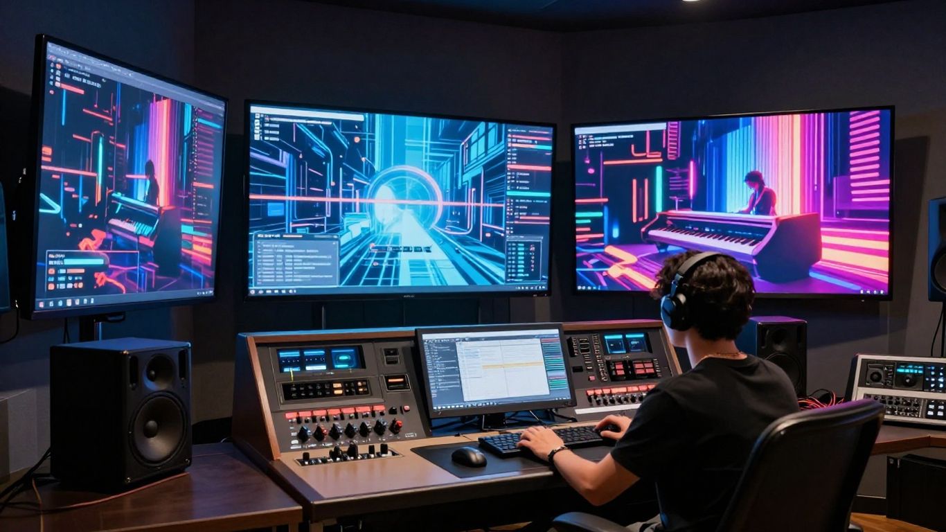 Musician watching colorful AI-generated music video in studio