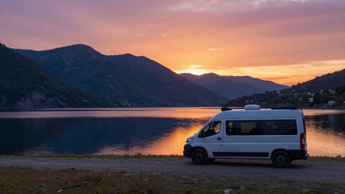 Campervan by a lake at sunset