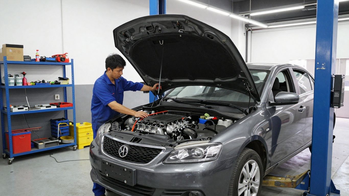 Technician installing Corolla engine in workshop