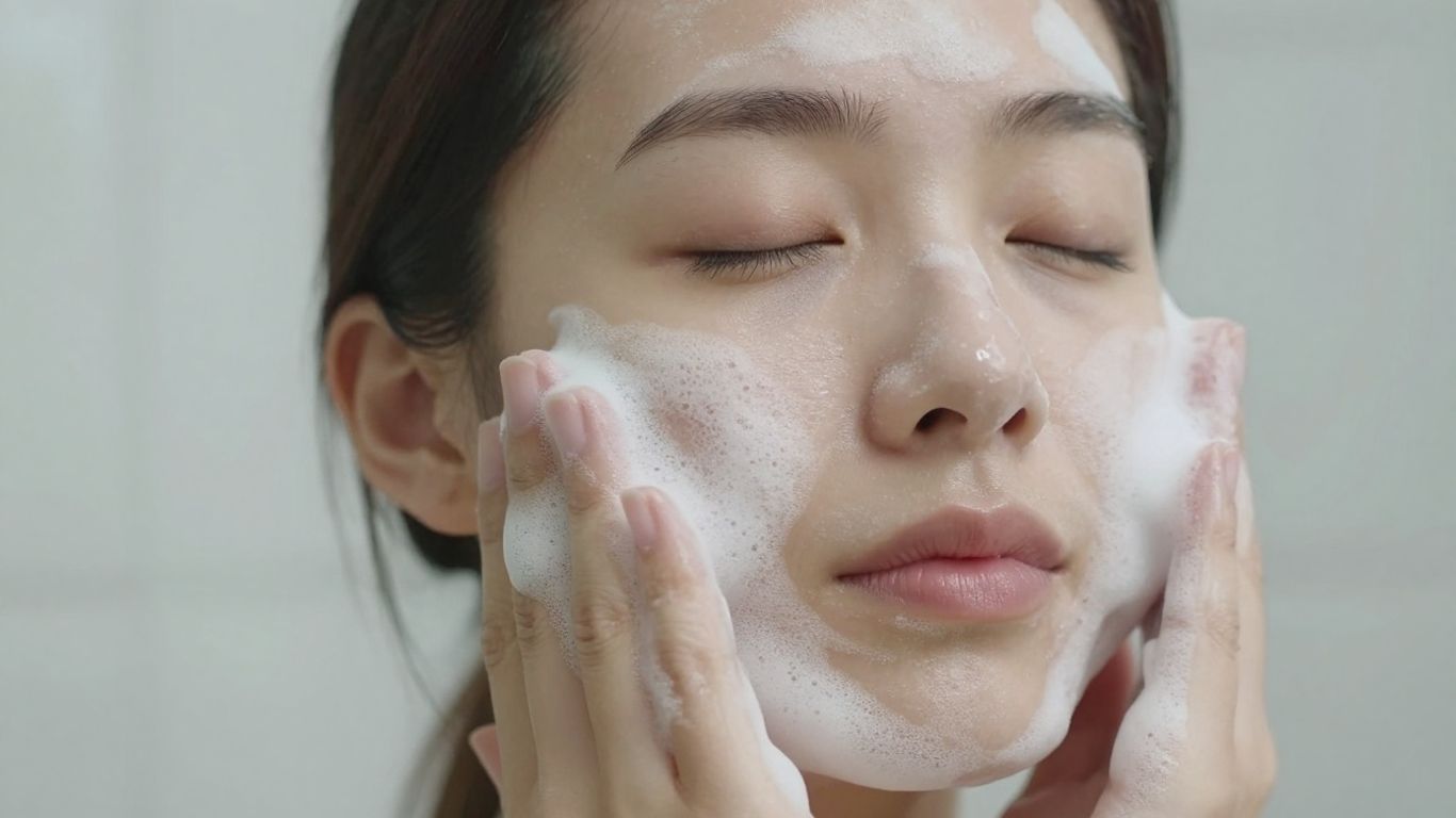 Person gently applying a soft cleansing foam