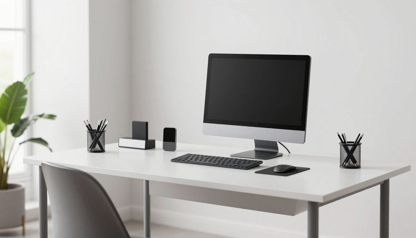 A professional desk setup in a bright, modern room focusing on clear, intentional space, representing focus and goal-oriented momentum.