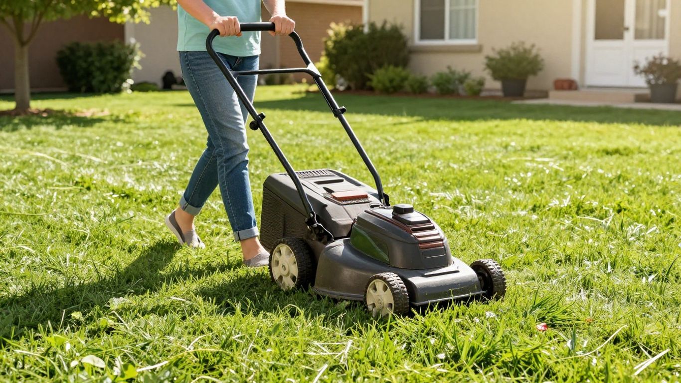Person mowing a green suburban lawn on a sunny day.