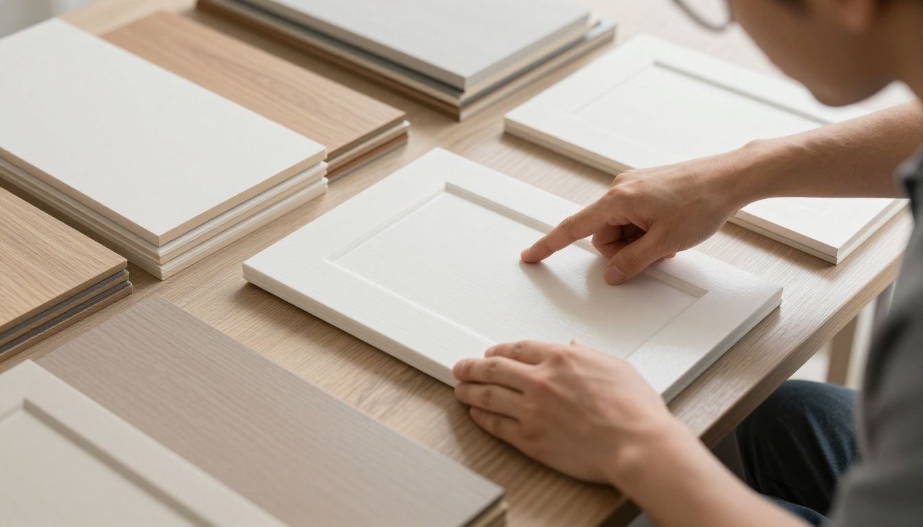 Homeowner selecting custom cabinet finishes and materials.