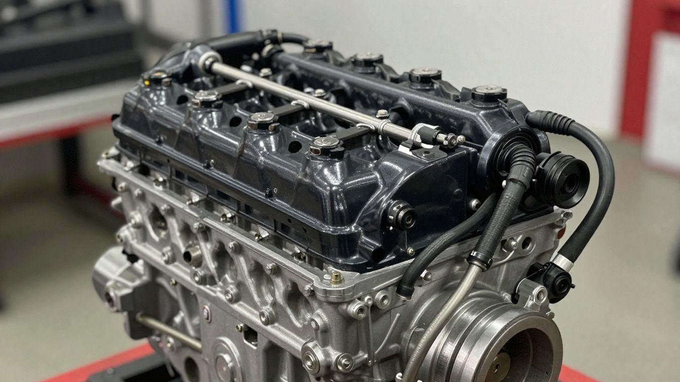 Reconditioned Fiat engine in a workshop setting.