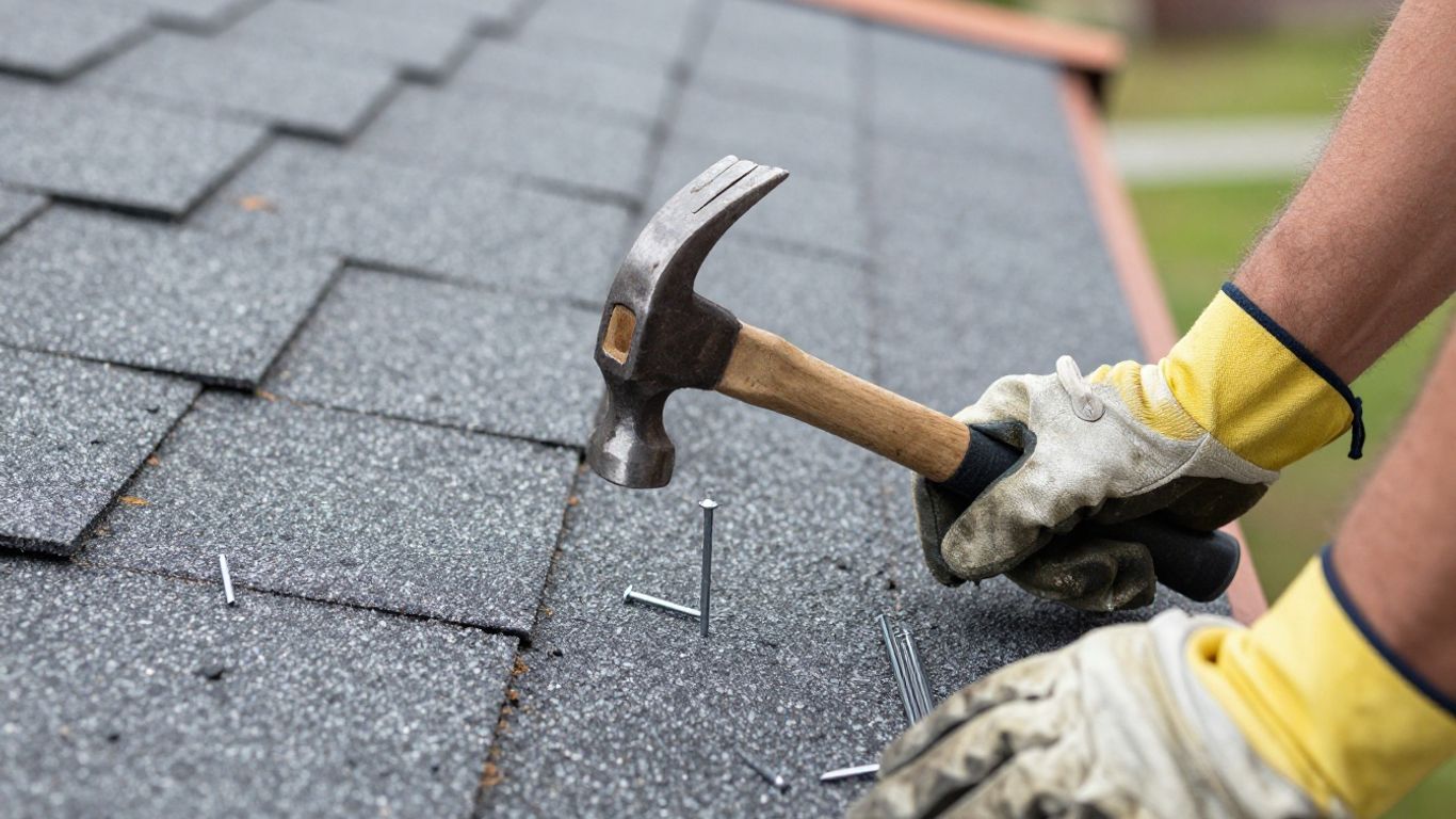Roofer's hands with hammer and nail on shingles.