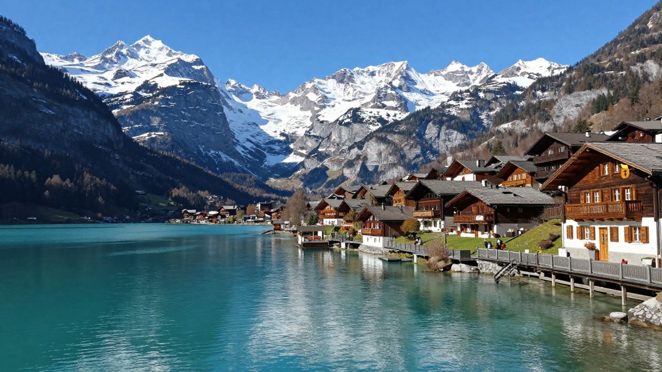 Bergpanorama mit Dorf und See im Engadin