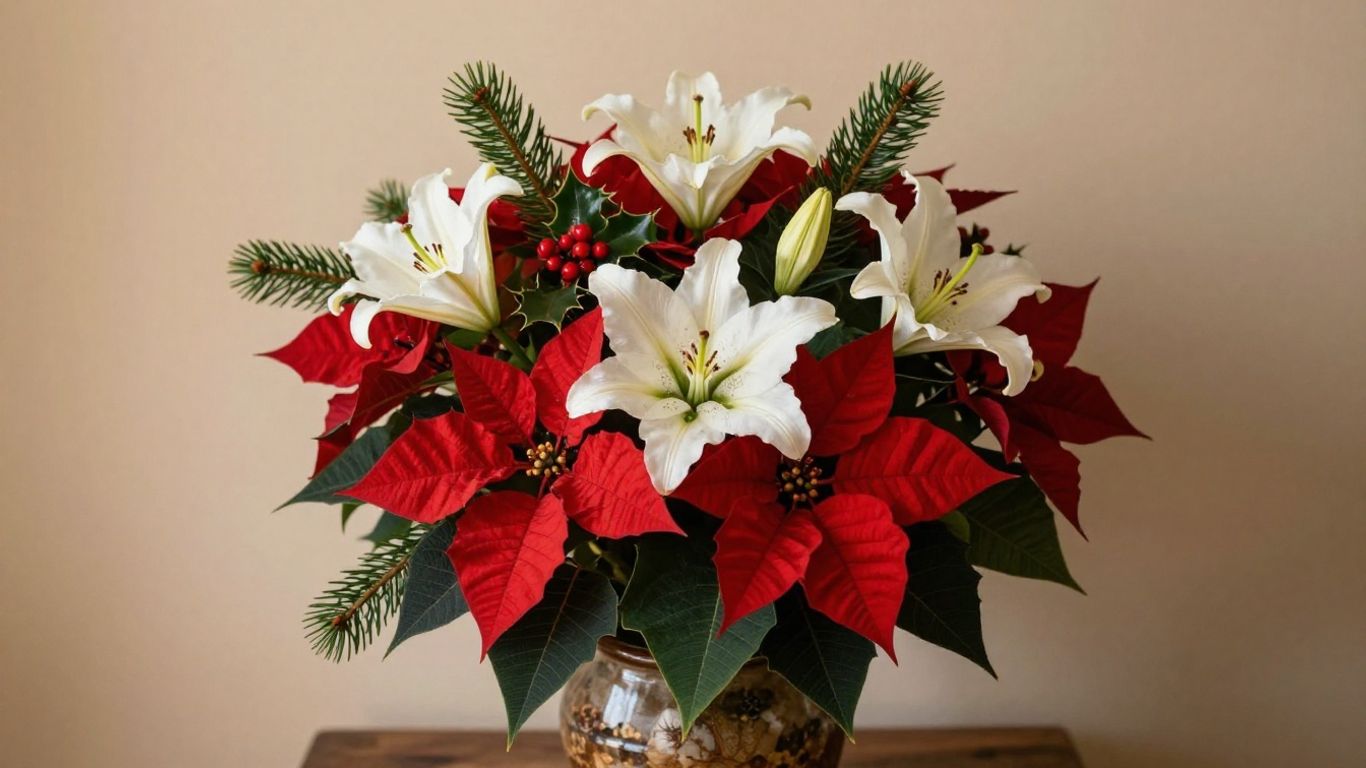 Festive Christmas flowers with poinsettias and lilies.