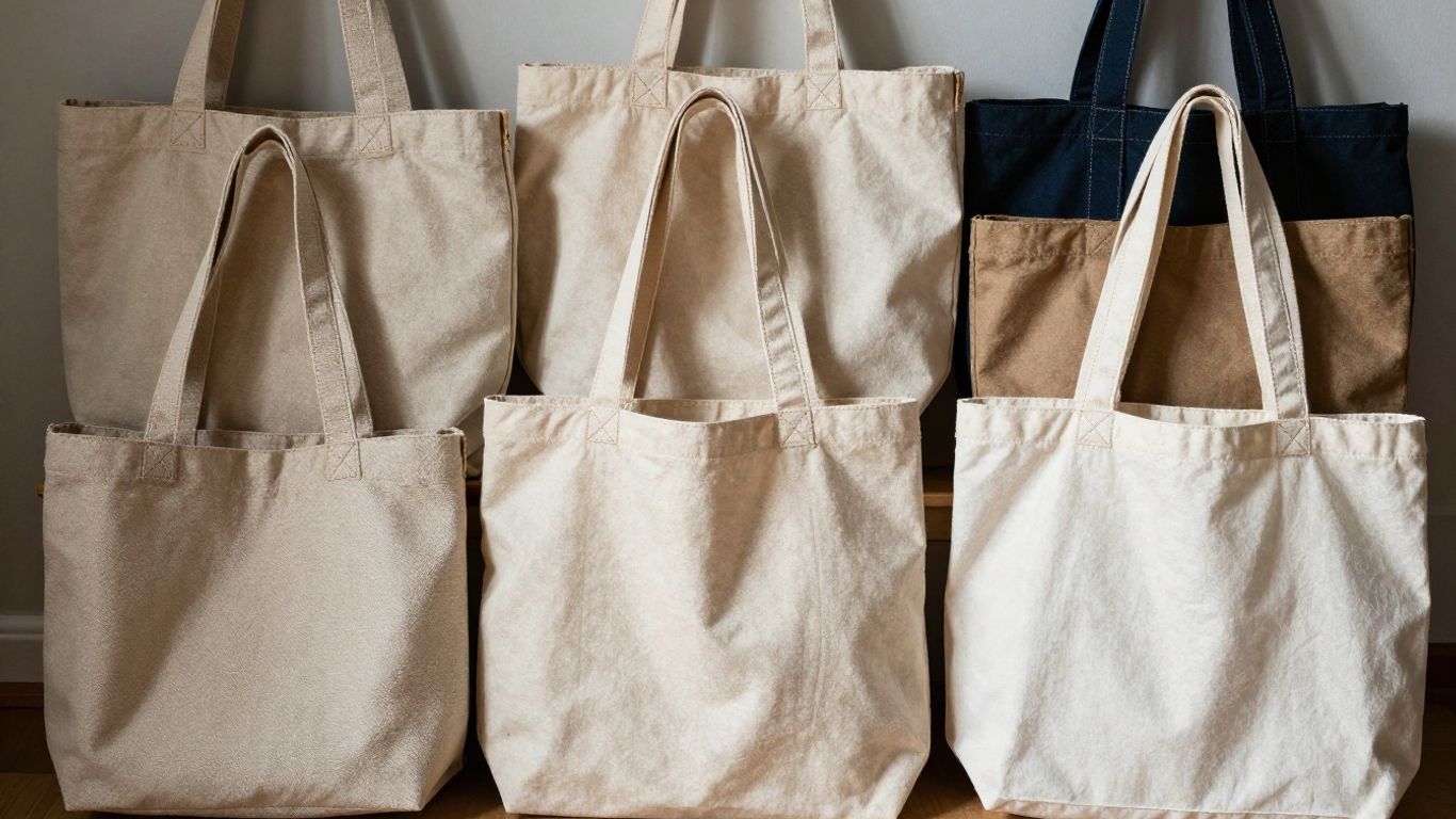 Assortment of canvas tote bags in different sizes and colors.