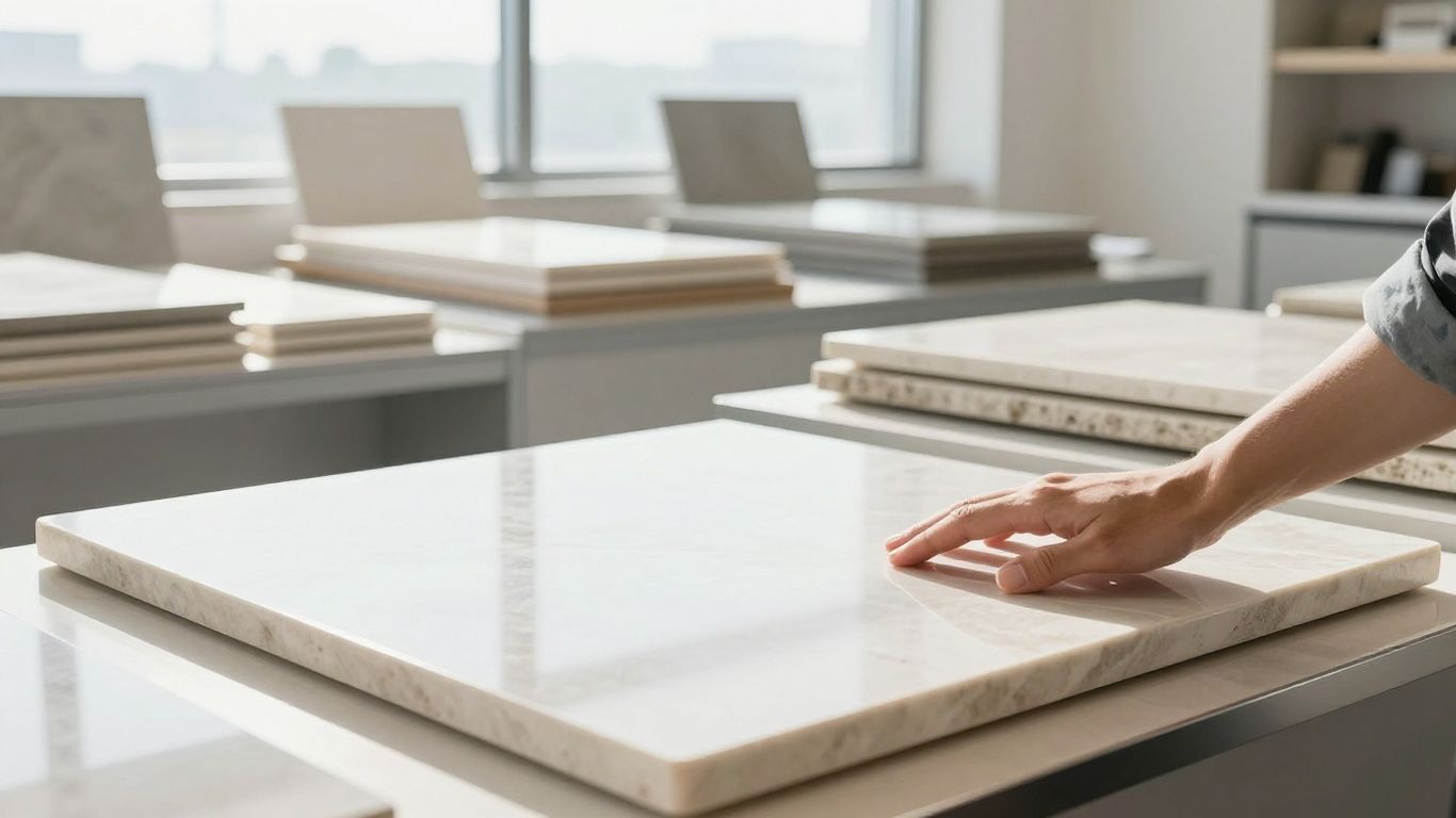 Modern countertop showroom with polished stone slabs.