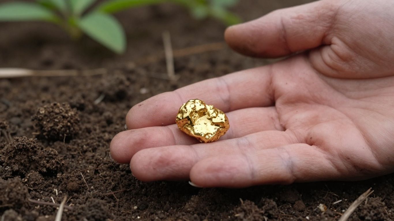 A golden hand holding a gold nugget against an earthy background