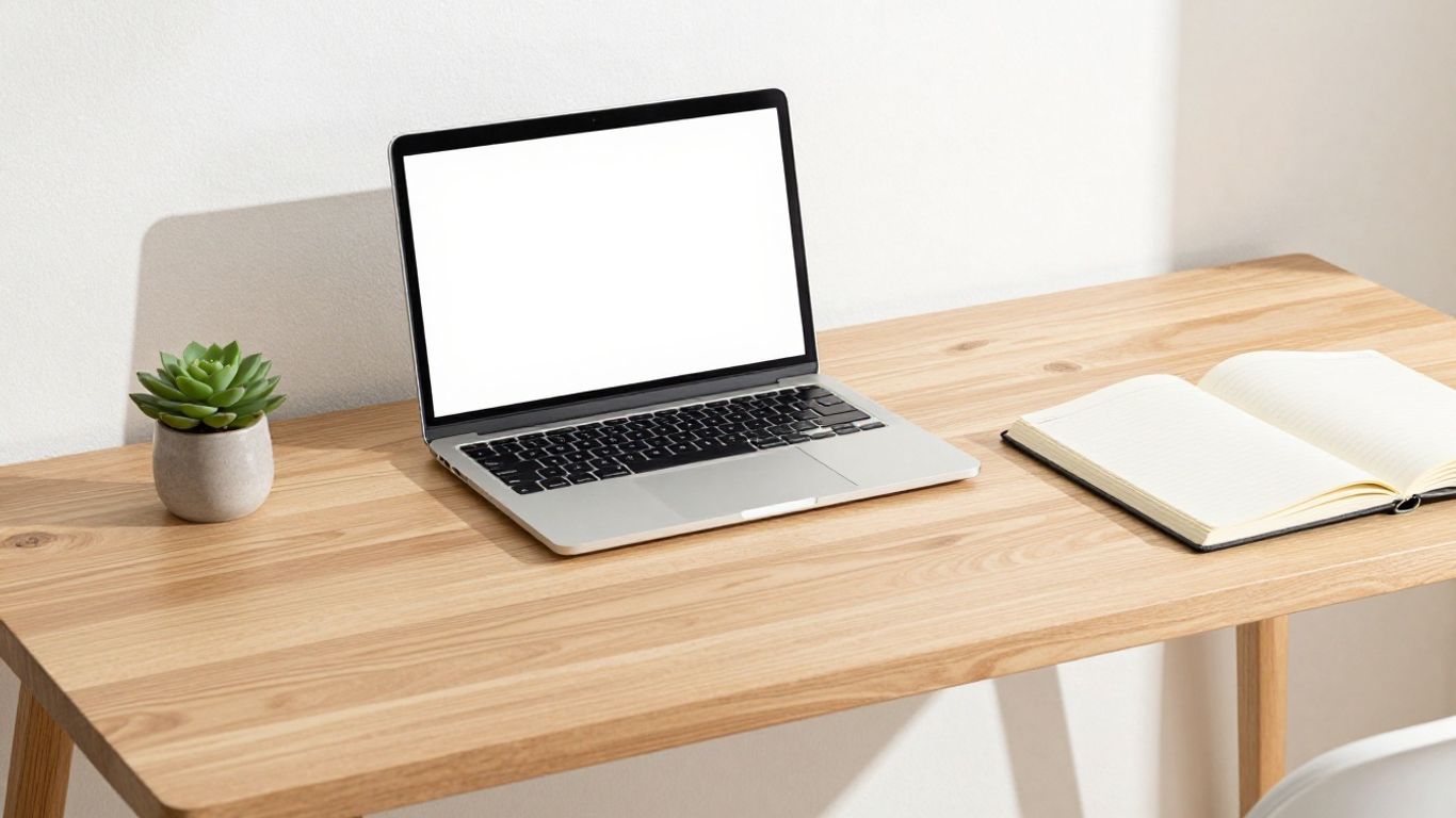 A laptop computer on a desk for traveling work
