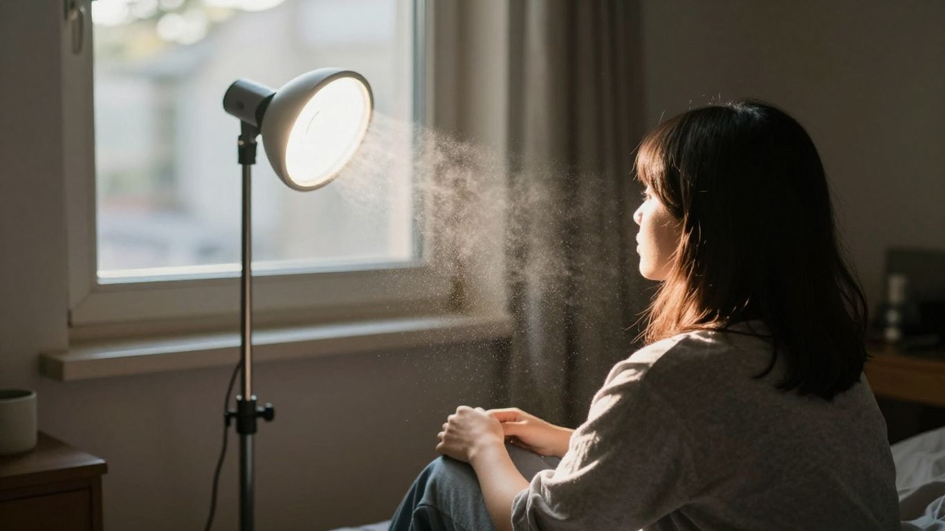 Person nutzt Lichttherapie zur Jetlag-Überwindung am Fenster.