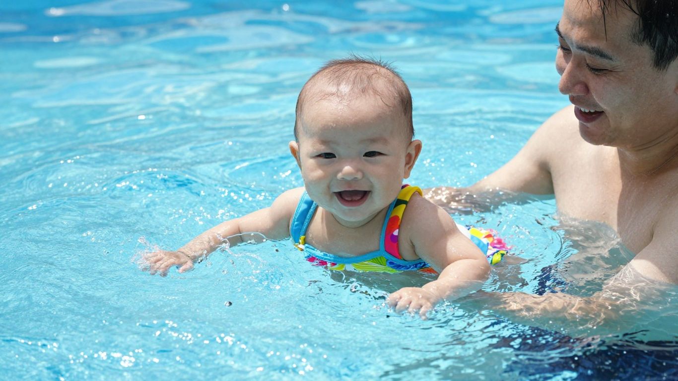 Bebé feliz nadando en piscina con supervisión de adulto.