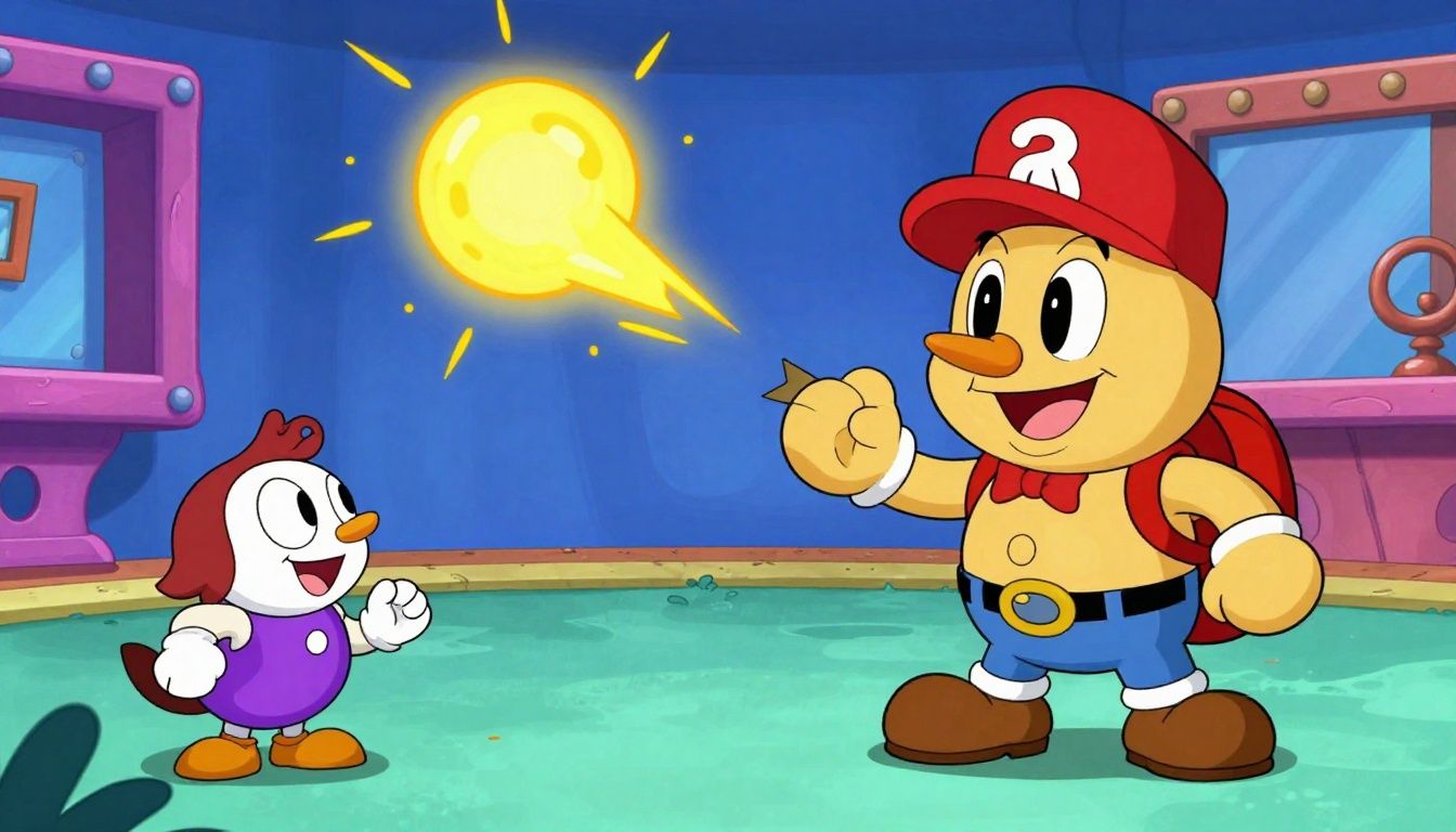 Cena de um confronto intenso de Cuphead contra um chefe cartunesco, com projéteis coloridos, plataformas e estética de desenho animado dos anos 1930