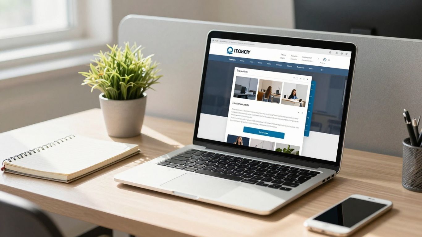 TalentLMS interface on a laptop in a bright office.