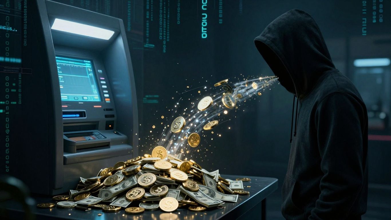 ATM jackpotting attack with money pouring out.
