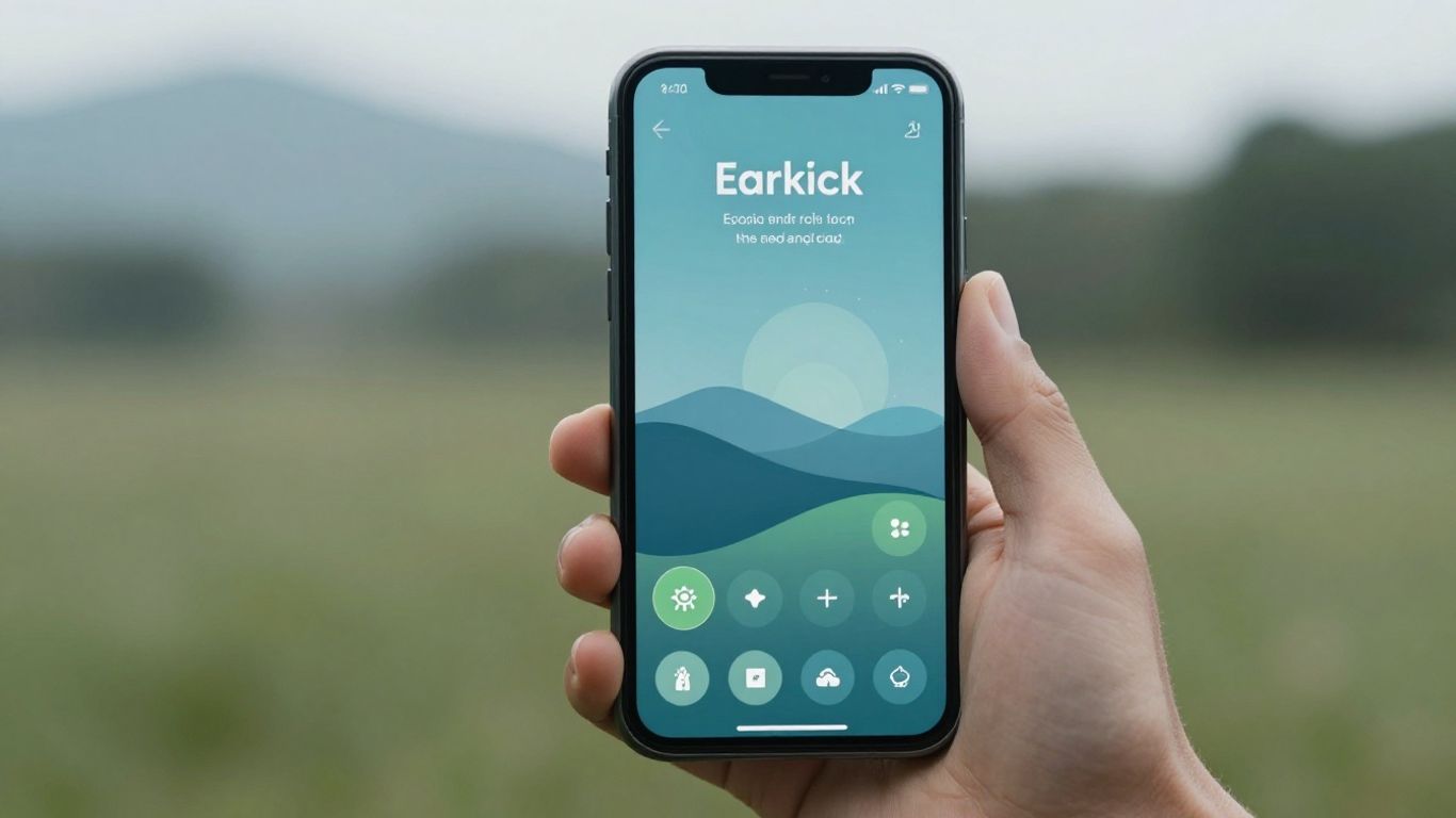 Earkick app on a phone with a nature background.