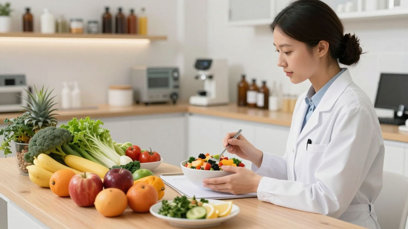 Diététicienne nutritionniste à Paris avec fruits et légumes frais.