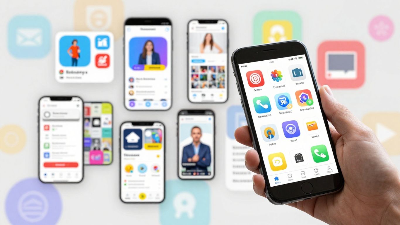 Tela de celular com vários aplicativos coloridos abertos.
