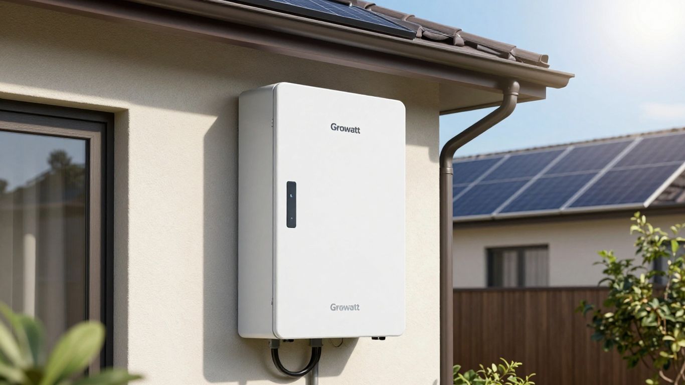 Growatt battery unit connected to solar panels on a home.
