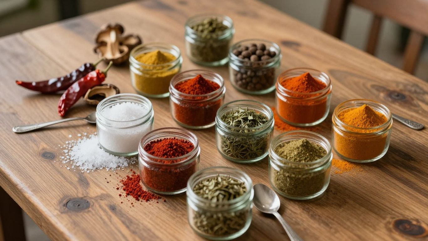 Assorted spice jars and herbs for umami DIY kits