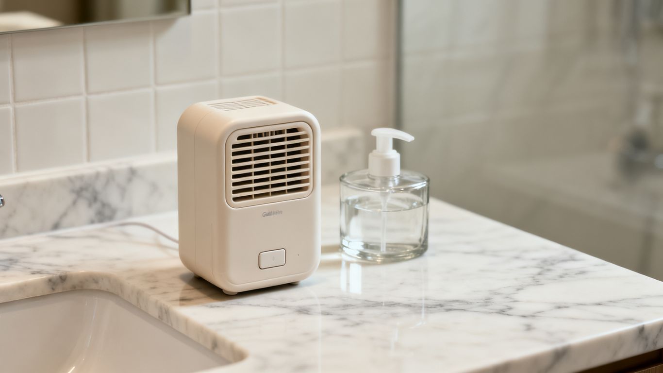 Budget friendly dehumidifier setup on bathroom counter