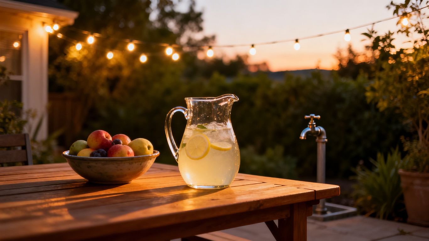 Backyard patio with string lights and lemonade pitcher.