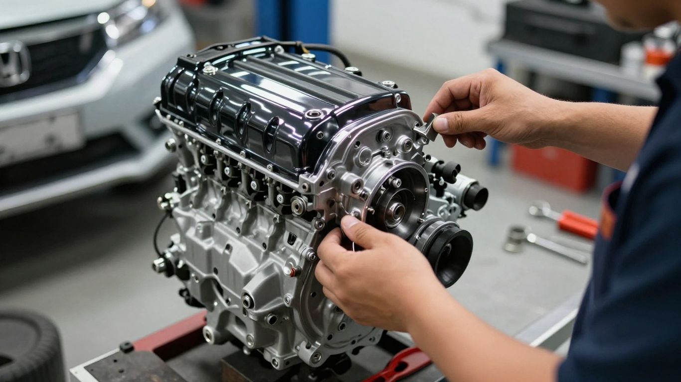 Mechanic inspecting a clean Honda engine in a workshop.