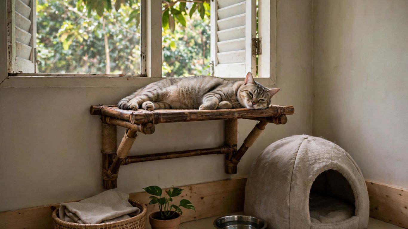 Cat resting safely on a shaded elevated perch