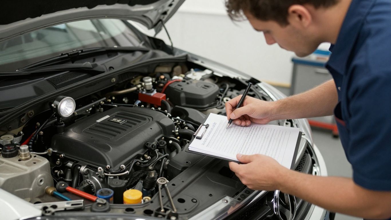 Mechanic comparing engine codes beside an open hood