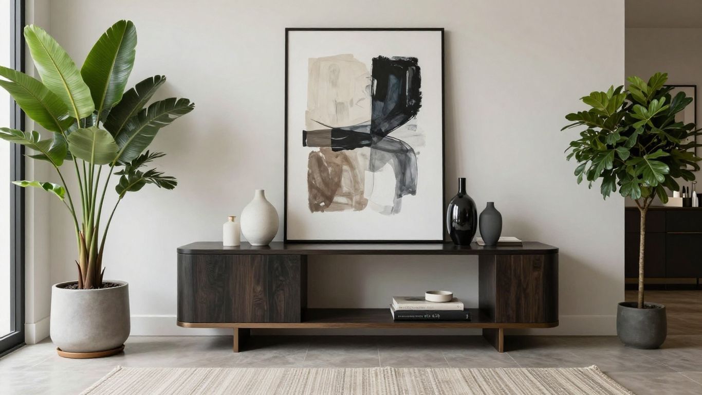 Modern stair landing with art and plants.