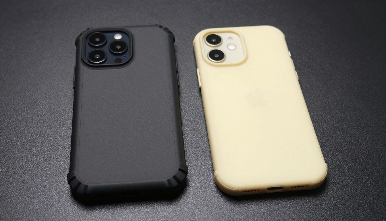 An iPhone 15 with a slightly yellowed, ill-fitting cheap case next to a brand new, high-quality shockproof case.