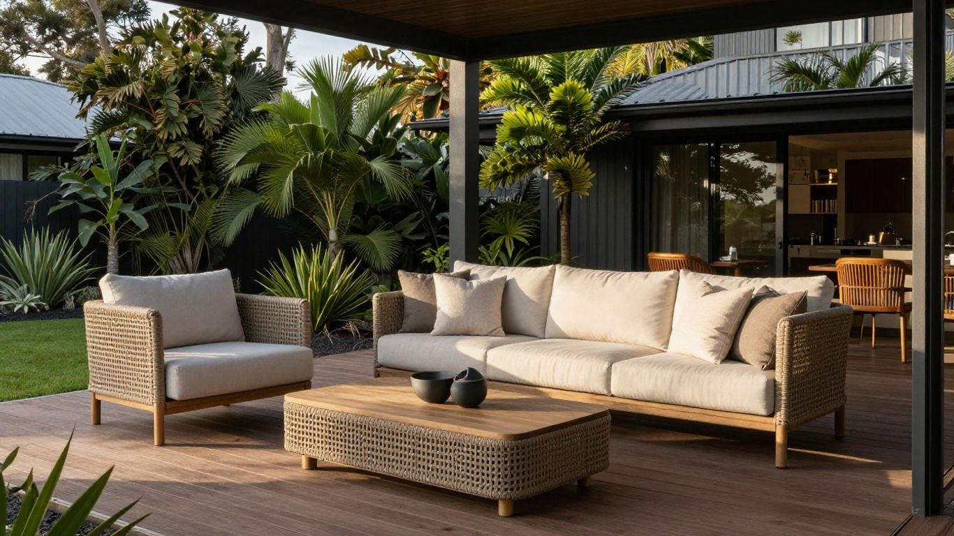 Outdoor sofa and chairs on a sunlit deck