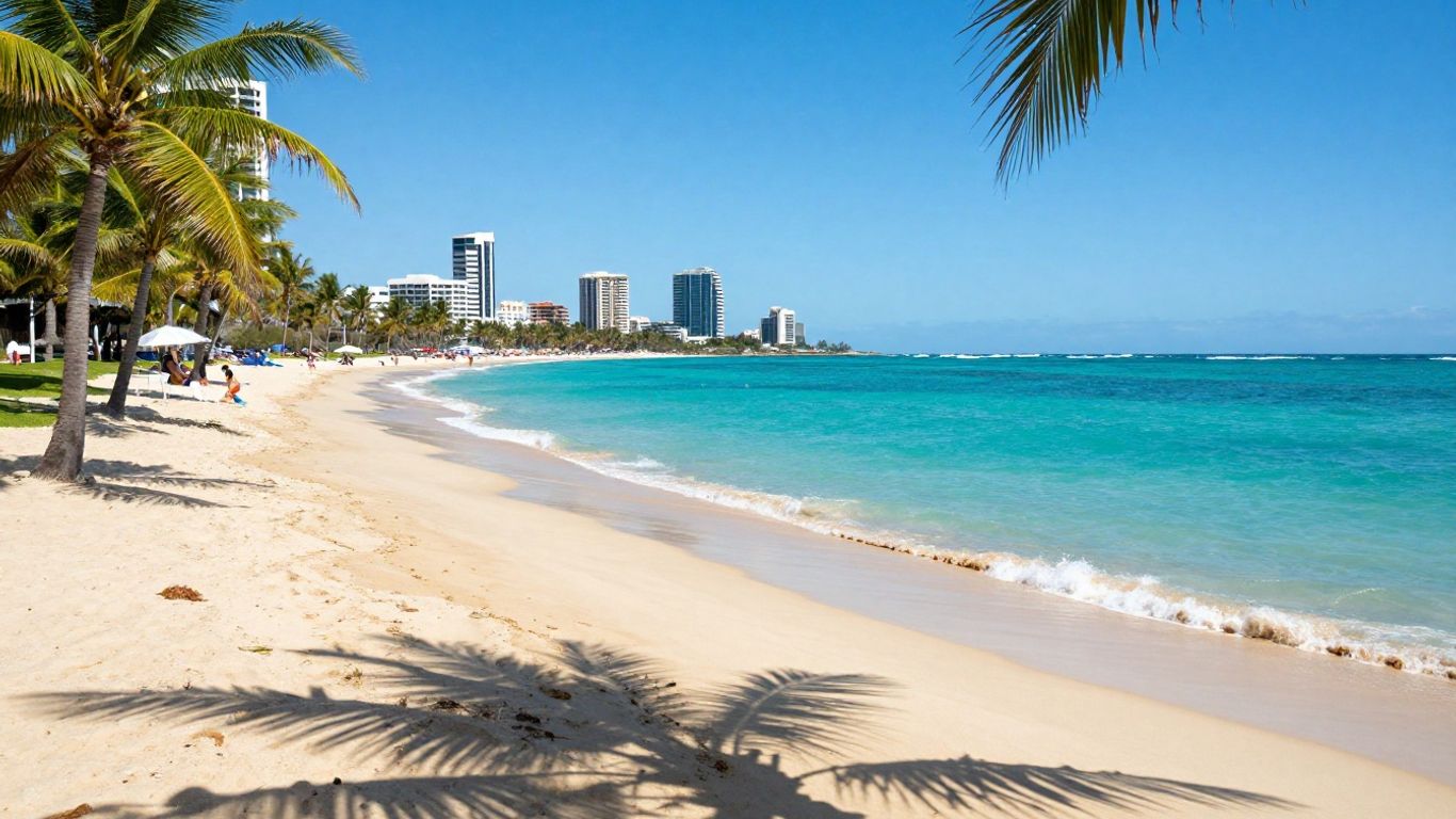 Gold Coast beach with waves and palm trees.