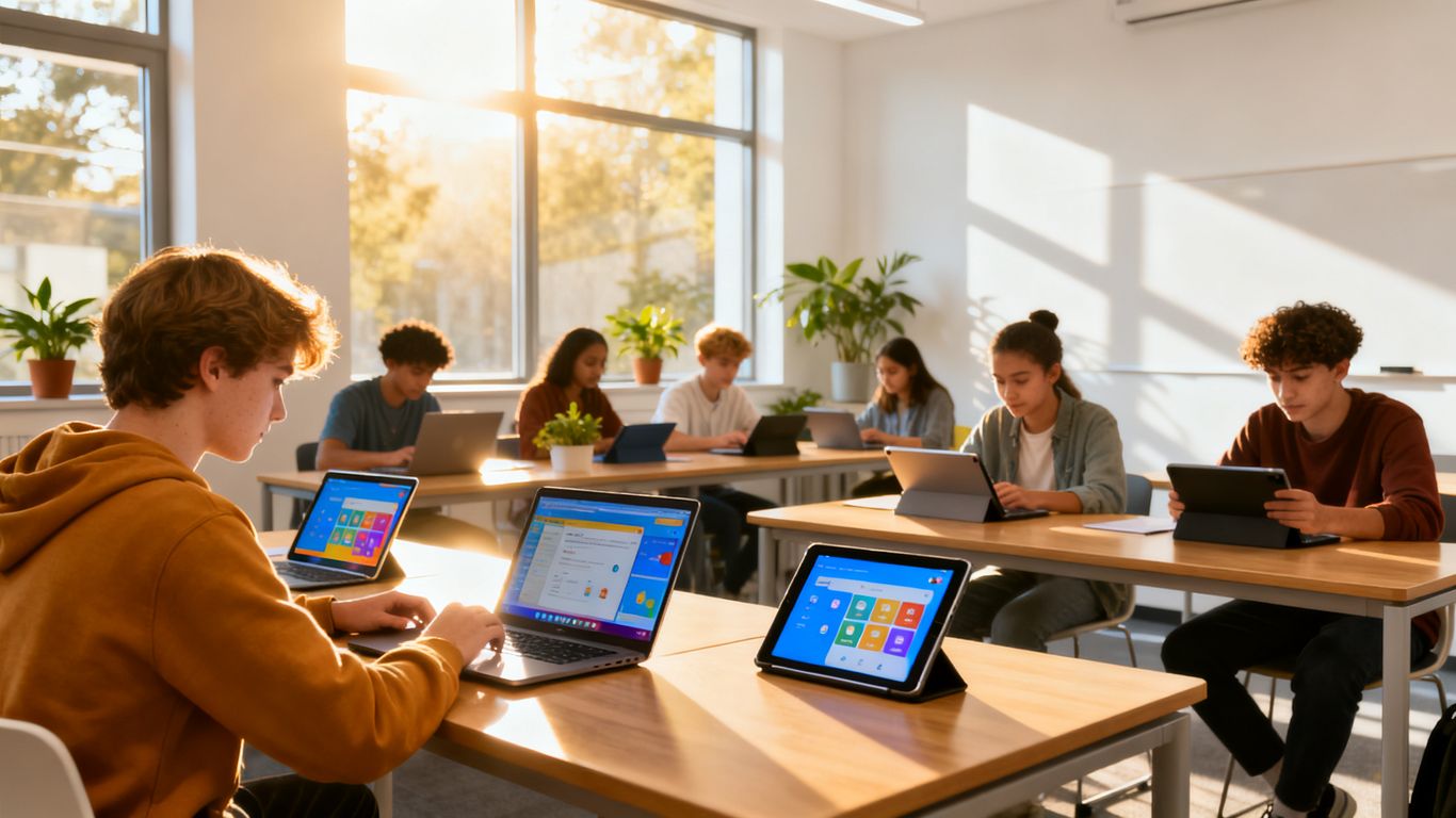 Students using laptops and tablets in a classroom.