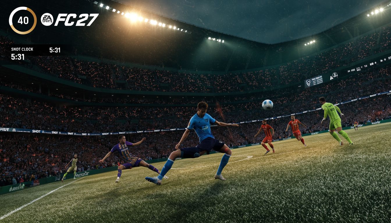 Cena de futebol virtual em EA SPORTS FC 27, com jogadores disputando a bola em um estádio lotado e iluminação de jogo noturno