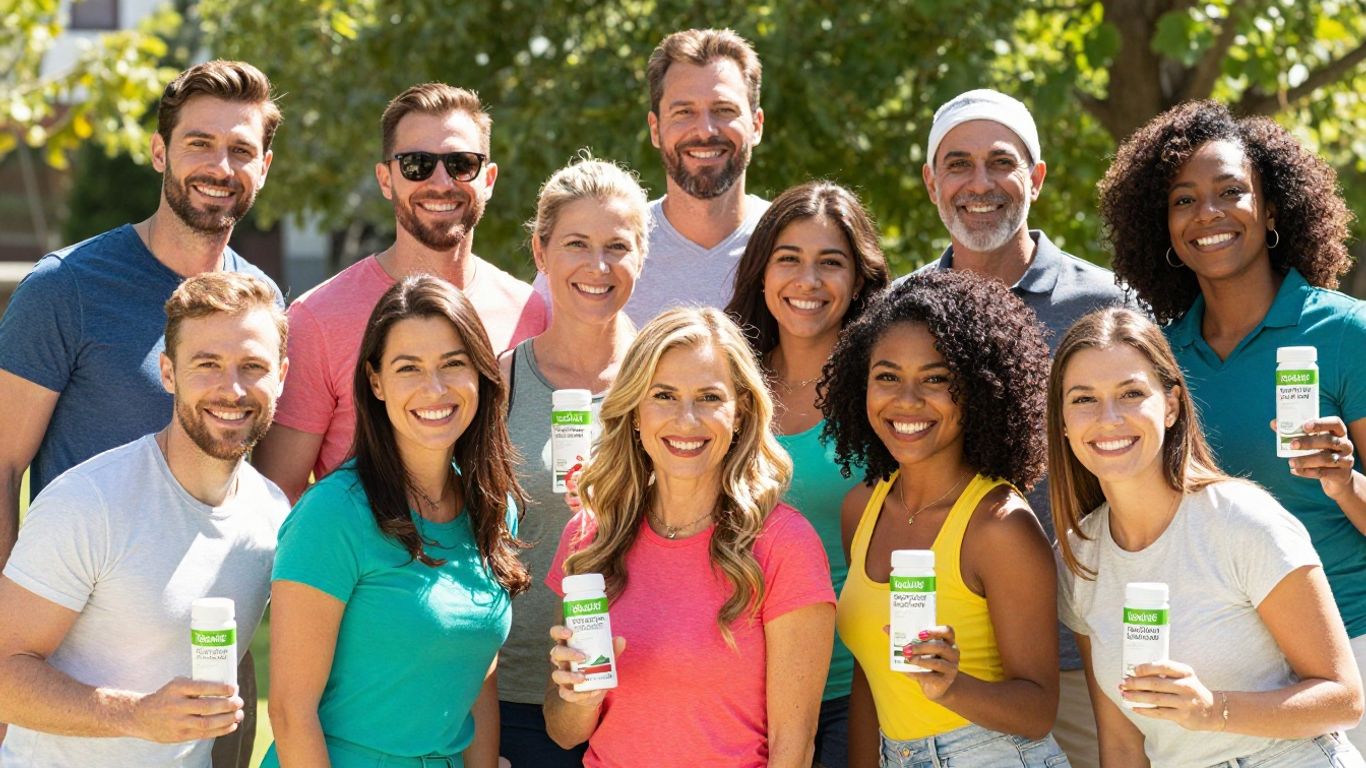 Successful Herbalife distributors smiling and holding products outdoors.