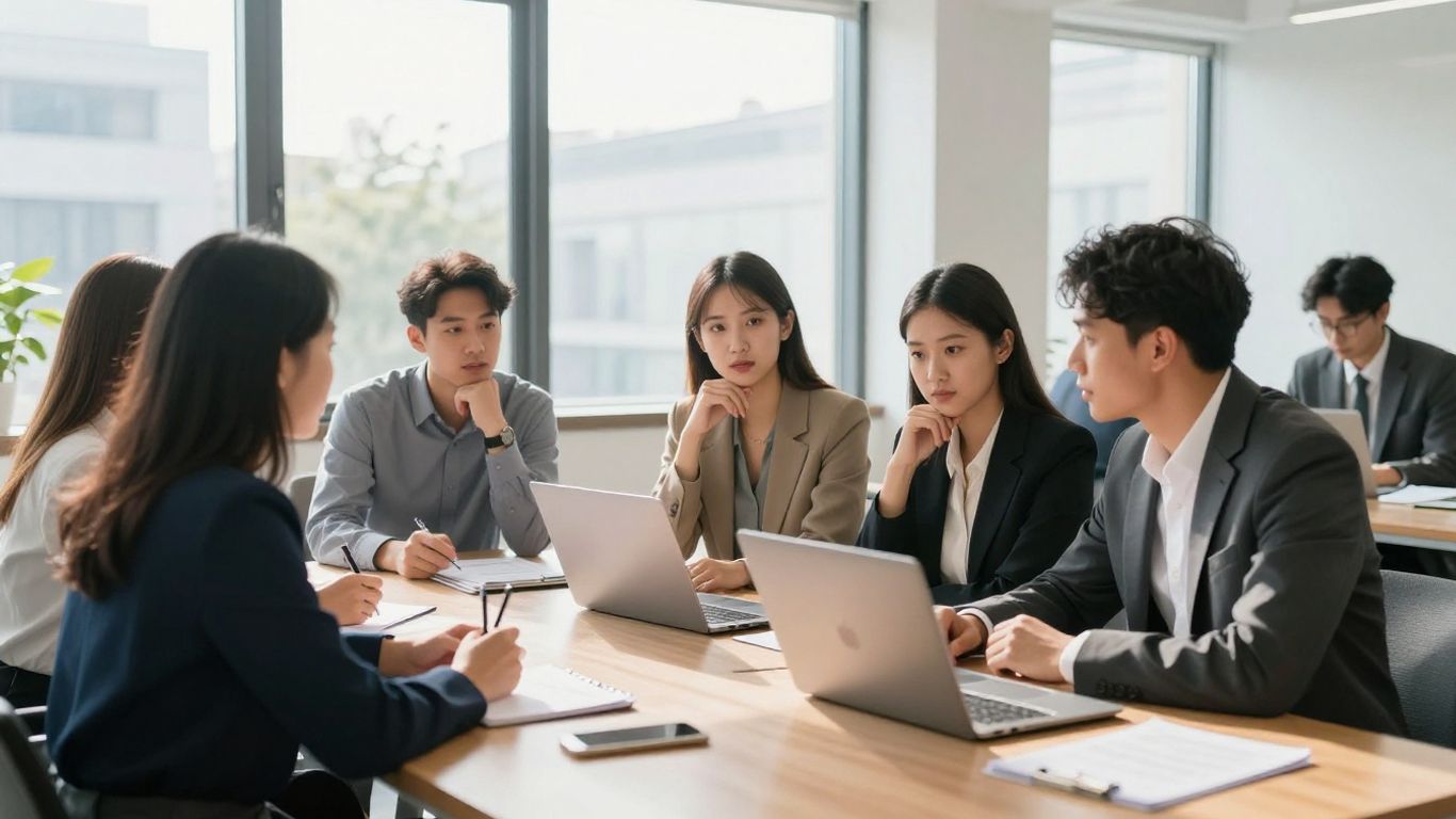 Tech leaders collaborating in a bright, modern office.