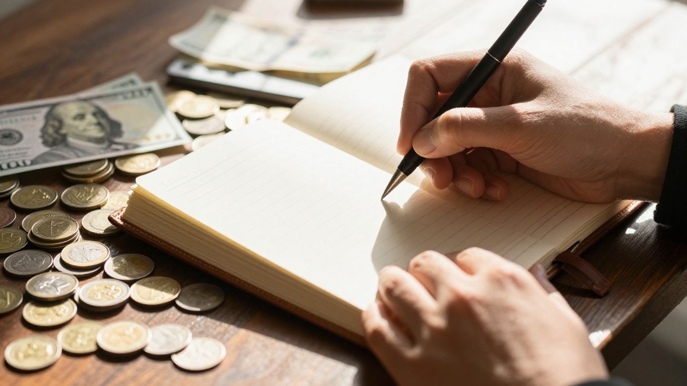 Persona escribiendo en un diario financiero con dinero.