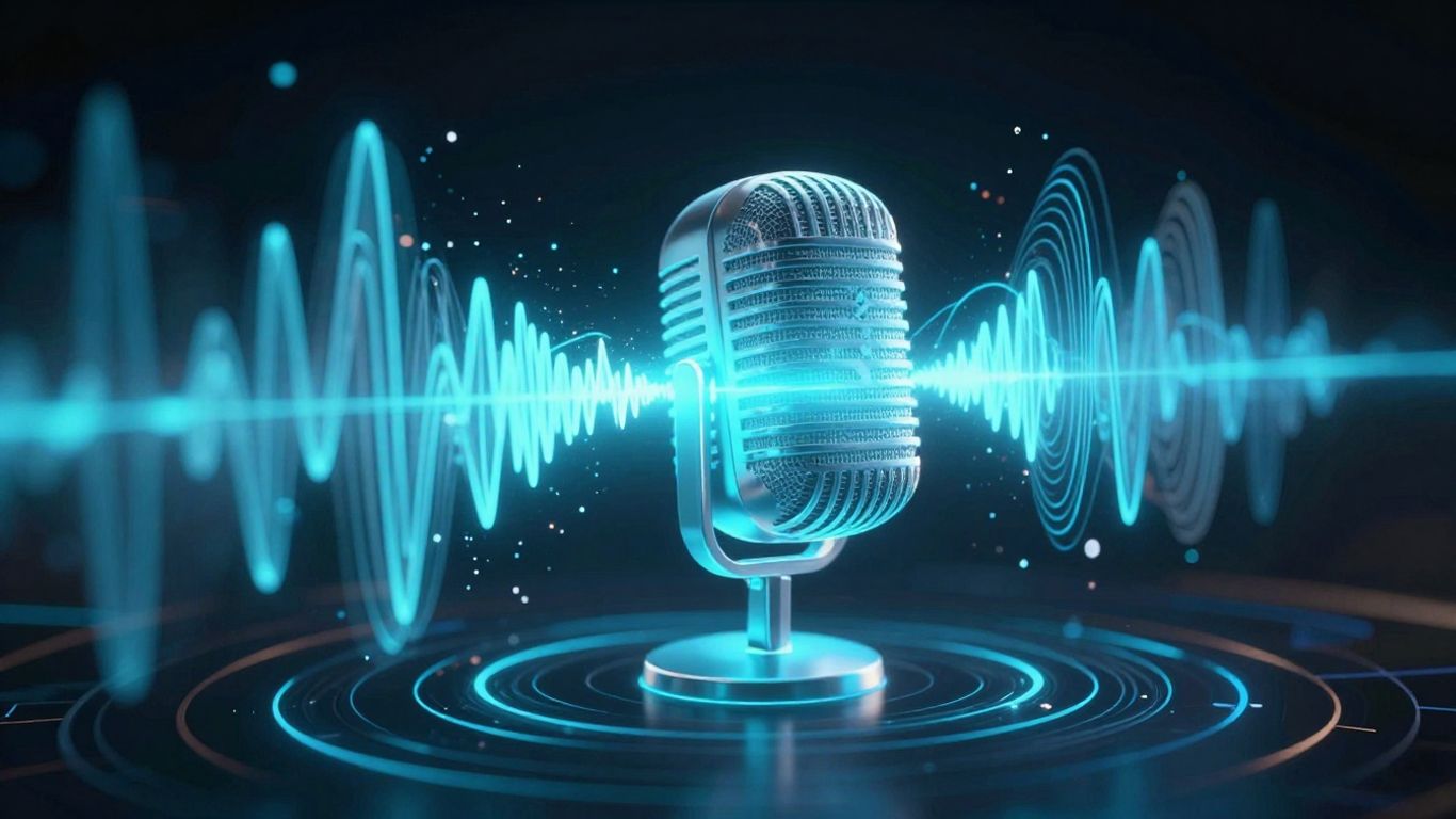 Voice AI interface with sound waves and digital patterns.