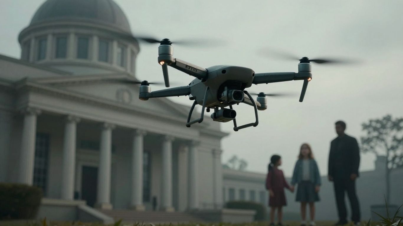 Drone flying near government building, family silhouette in background.