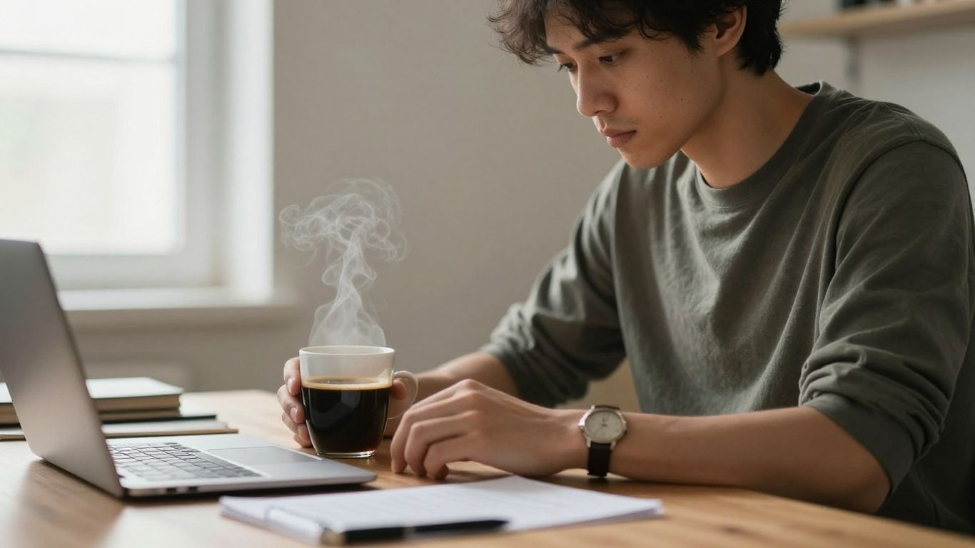 Person working at desk with coffee, focused.