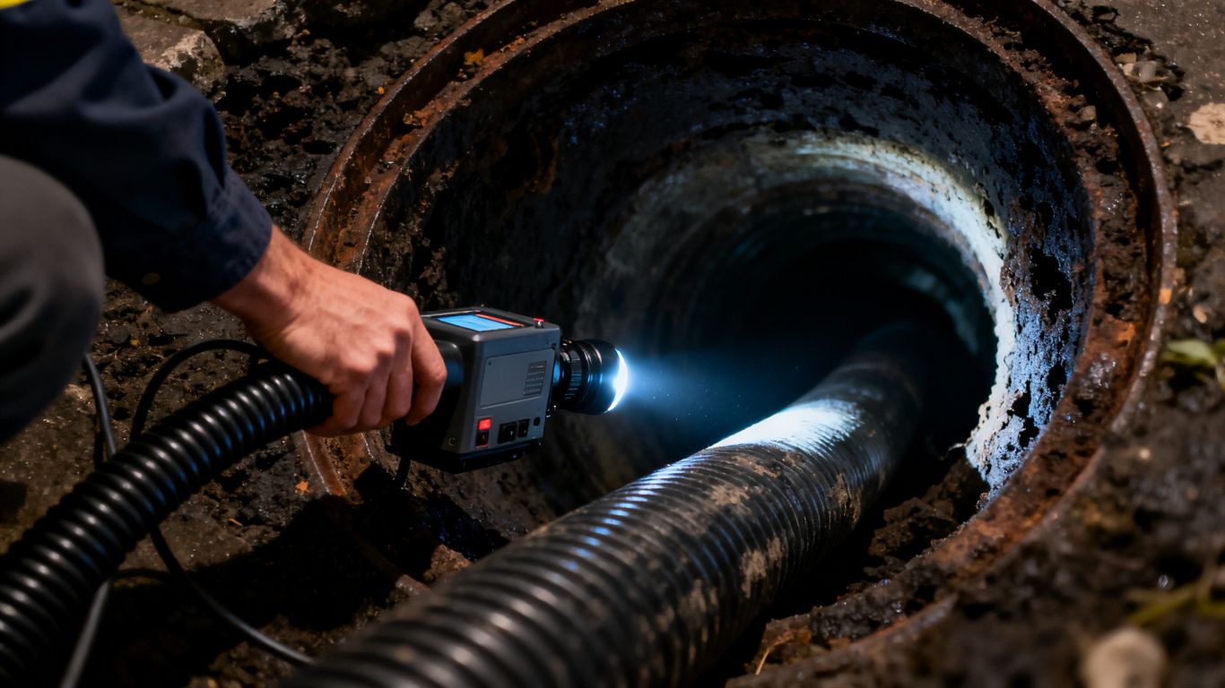 Plumber inspecting sewer line with camera